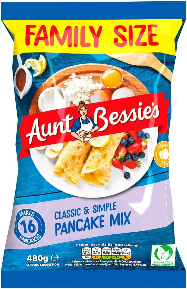 Aunt Bessie's Pancake Mix 480g, Just add egg, water and a drop of oil, then flip and serve these classic treats with your favourite toppings, sweet or savoury, Suitable for Vegetarians
