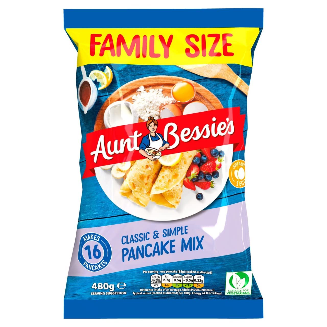 Aunt Bessie's Pancake Mix 480g, Just add egg, water and a drop of oil, then flip and serve these classic treats with your favourite toppings, sweet or savoury, Suitable for Vegetarians