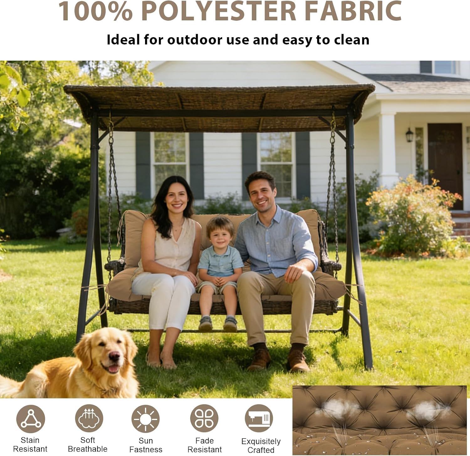 60x40 in Replacement Swing Cushions for Outdoor Furniture,2-3 Seater Waterproof Porch Bench Cushions with Ties and Backrest - 5" Thick Patio Swing Chair Cushion for Garden Backyard(Coffee Color)