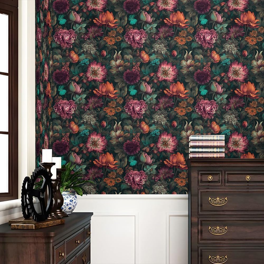 REDAMANCY Exotic Vintage Flower Forest Purple/Pink/Red Peony Floral Peel and Stick Wallpaper Stick on Contact Paper Vintage Wall Paper Easy Peel Off for nightstand Drawer Cabinet