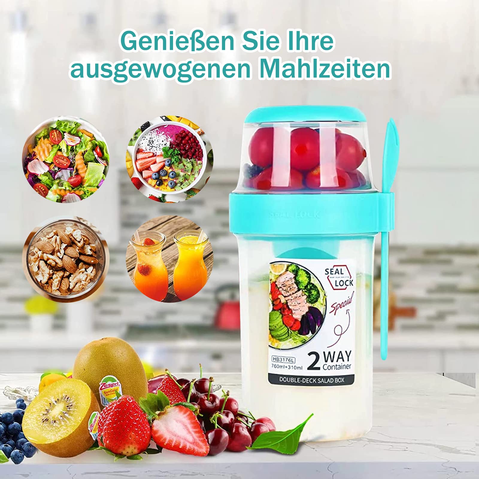 Gobelet à Yaourt Anti-fuite Bainuote 2 En 1 - 230 Ml + 560 Ml, Sans BPA | Idéal Petit Déjeuner, Salade à Emporter