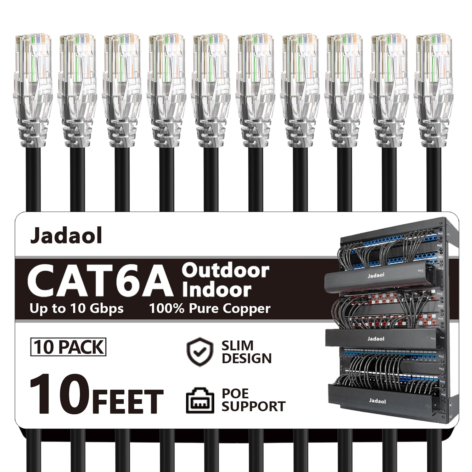 Jadaol Cat6a Ethernet Cable 10 ft 10 Pack, Slim 10G 550MHz 28AWG Patch Cable, Snagless Pure Copper Network Cable, Flexible LAN Cable for Router, Modem, Switch, Patch Panel, Data Center, Gaming, Black