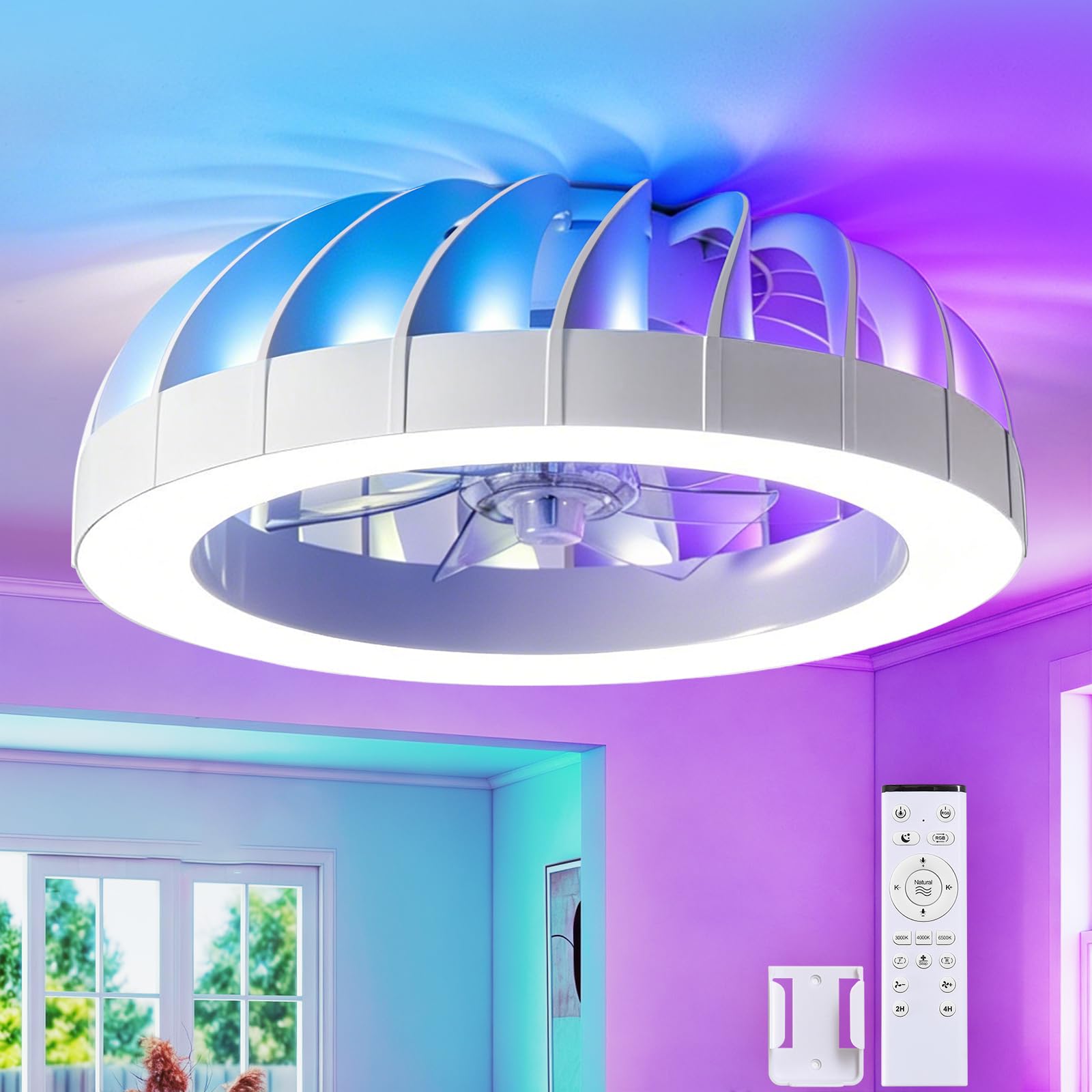 RGB Deckenventilator mit Beleuchtung, 6 Windstufen | Ø50CM RGB Deckenventilator mit Licht und Fernbedienung, Dimmbar Deckenleuchte mit Ventilator Leise, Wohn