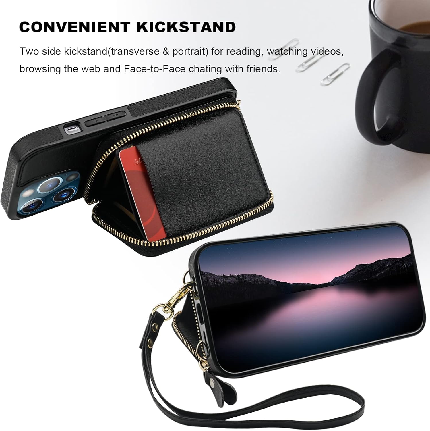 Bocasal RFID Blocking Wallet Case for iPhone 13 Pro, Adjustable Crossbody Zipper Purse Case Card Holder with Kickstand Detachable Wrist Strap, PU Leather Flip Folio Case 6.1 Inch 5G (Black) - Image 5