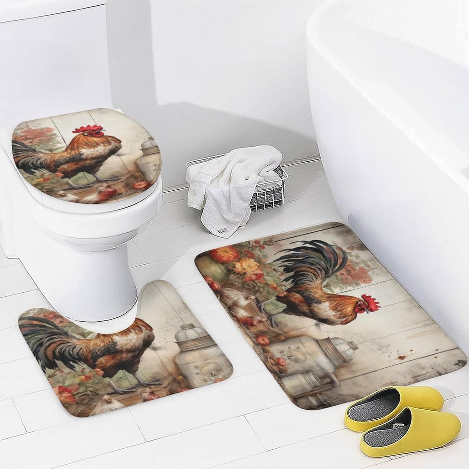 4 Piece Bathroom Rug Set with Shower Curtain Non-Slip Rugs and Toilet Mat Lid Rug Accessories It's Just Chicken Time Waterproof Shower Curtain Chicken Gifts for Bathroom Decor Set