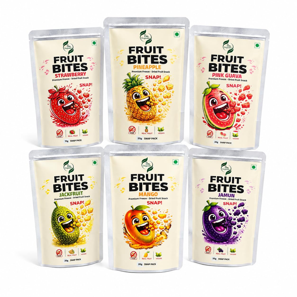 BM Organics Fruit Bites Freeze Dried Fruit Snack Combo, Mango Strawberry Pink Guava Jackfruit Pineapple Jamun, No Added Sugar Vegan Real Fruit Snap Pack, Pack of 6-image-46