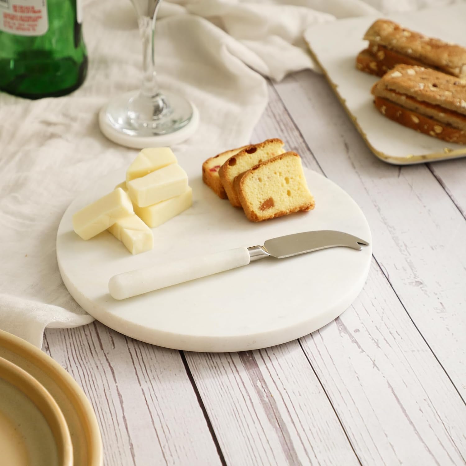 Multi-Purpose Round Shape Marble Cheese Tray | Cutting Board Solid Large White with Non-Slip Feet for Stability & Scratch Protection | 8x8 Inches