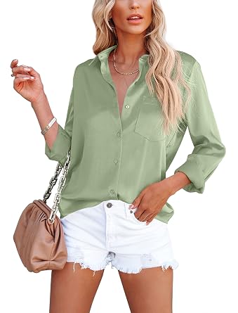 OMSJ Womens Button Down Shirts Satin V Neck Long Sleeve Casual Work Blouse Tops with Pocket