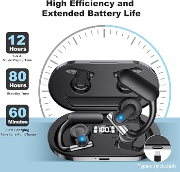 Wireless Earbuds, Open Ear Bluetooth Headphones, ENC Noise Cancelling Mic, HiFi Sound & Deep Bass, IP54 Water Resistant, 68H Battery, for Running, Travel, Work, Translation Studies (Gray)