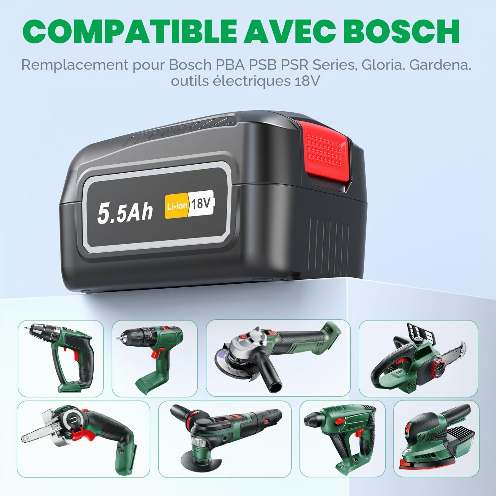 2 pièces 18 V 5500 mAh Batterie lithium-ion PBA compatible avec les outils électriques Bosch, PBA1860 Batterie de rechange Compatible avec les outils Bosch pour la maison et le jardin 18 V PBA