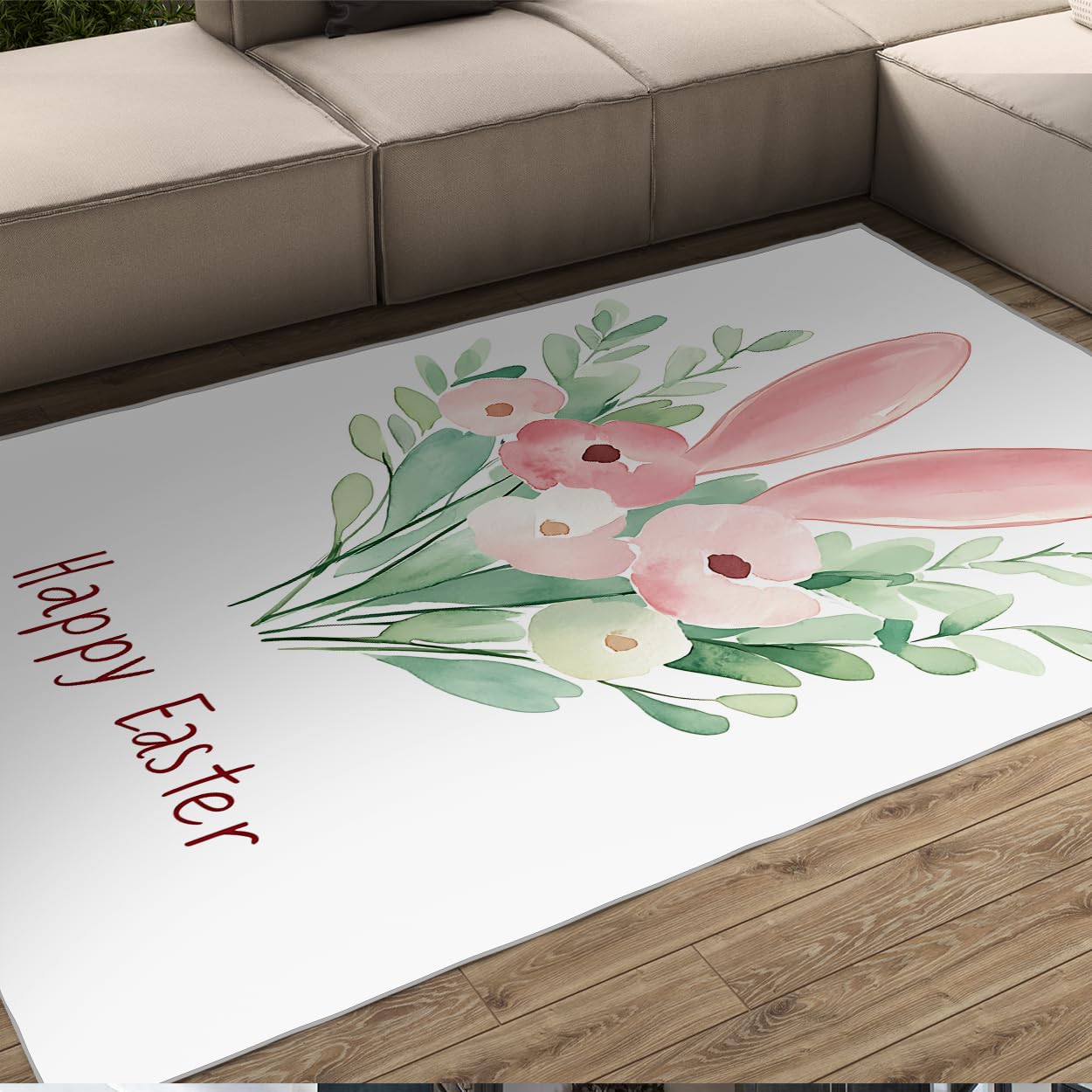 Tapis de Pâques lavable 90x150 cm | Carpette motif lapin et bouquet botanique