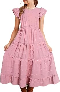 blibean Girls Summer Dress Polka Dots Maxi Pockets Dresses Size 6-16 Years | Tween & Teen,Kids Swiss Dots Sundress, Dual Ruffle Sleeve , Casual ,Party ,Boho Clothes ,Polyester Material ,Mashine Wash
