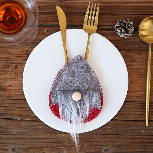 Miniatura 5 de Juego de 8 soportes de vajilla de Navidad, gnomos, cuchillos y tenedores, fundas para Acción de Gracias, Año Nuevo, Navidad, fiestas, decoración de