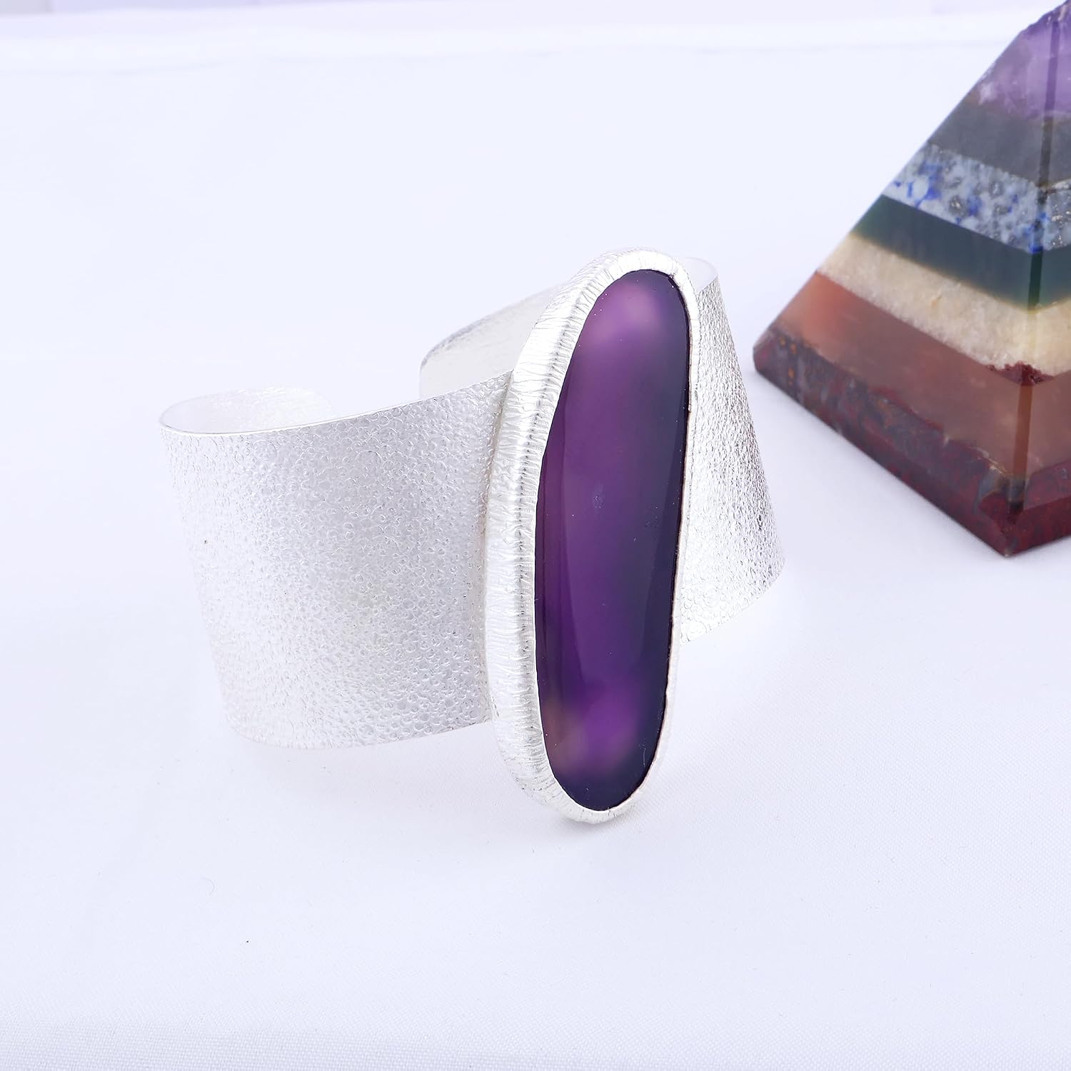 Generic Guntaas Gems Stylish Purple Agate Slice Cuff Bangle Texture Big Band Brass Silver Plated Collet Setting Handmade Bangle, Adjustable, AM-3541