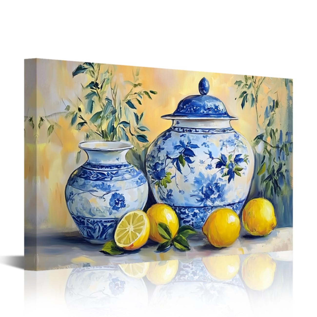 LZIMU Lemon Wall Art Kitchen Picture Citrus Fruit Canvas Prints Yellow Lemon with Pottery Blue Classical Painting Farmhouse Artwork for Dining Room Framed (White, 42L x 28W)