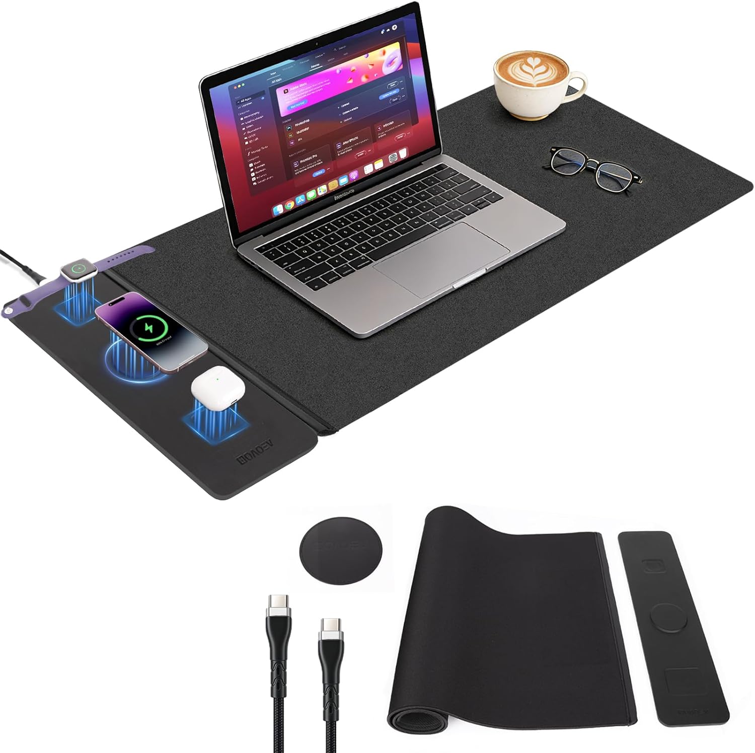 Wireless Charging Mouse Pad with 2nd Gen Tech, 3-in-1 25W Fast Charger, Replaceable Rubber & Microfiber Leather Desk Mat, Large Waterproof Desk Pad for Office & Gaming(Leather Mat& Coasters)