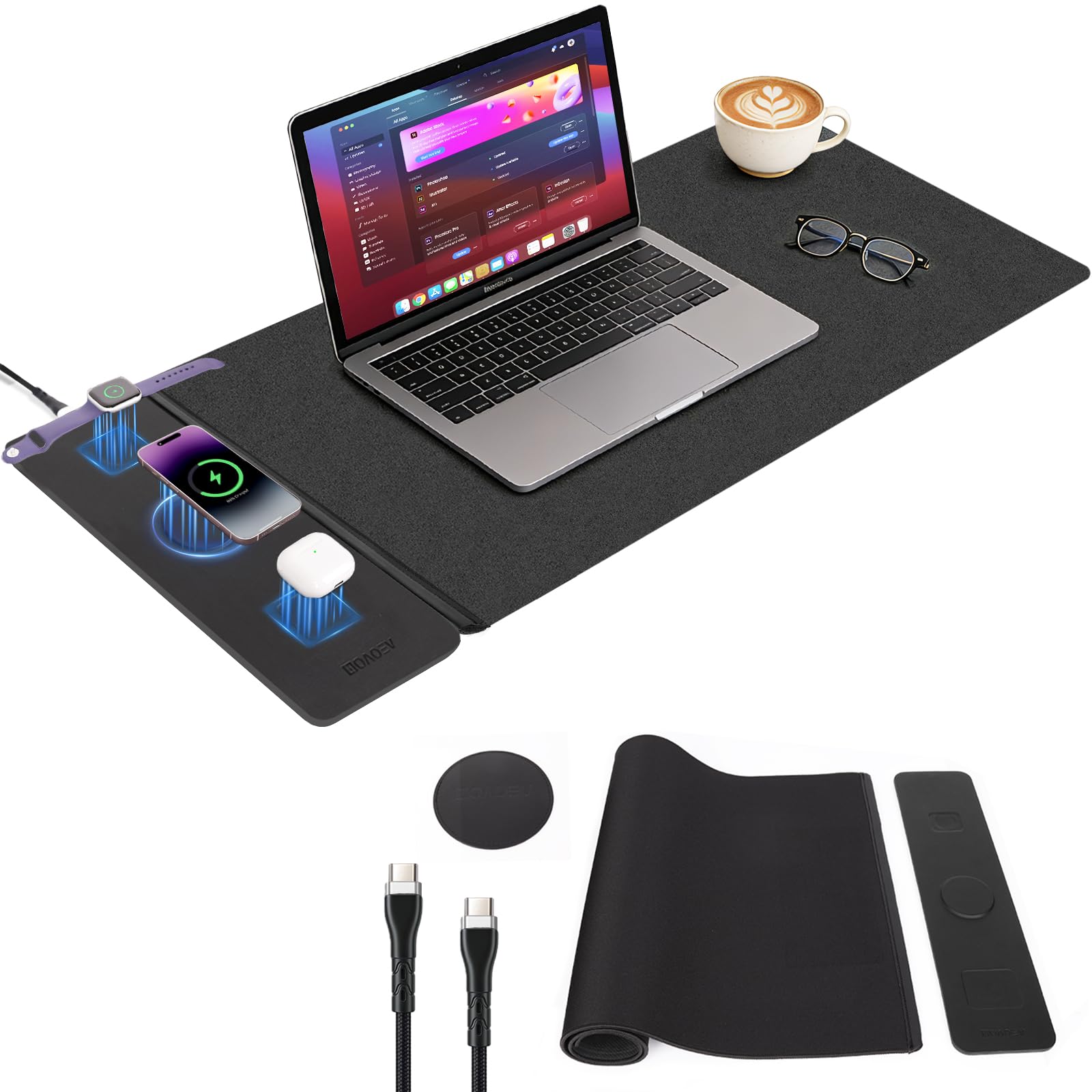 3-in-1-Mauspad der 2. Generation, kabelloses Schnellladen, große wasserdichte Schreibtischunterlage, magnetisches abnehmbares Panel, Jacquard-Stoffgummiunterseite, für Büro und Gaming