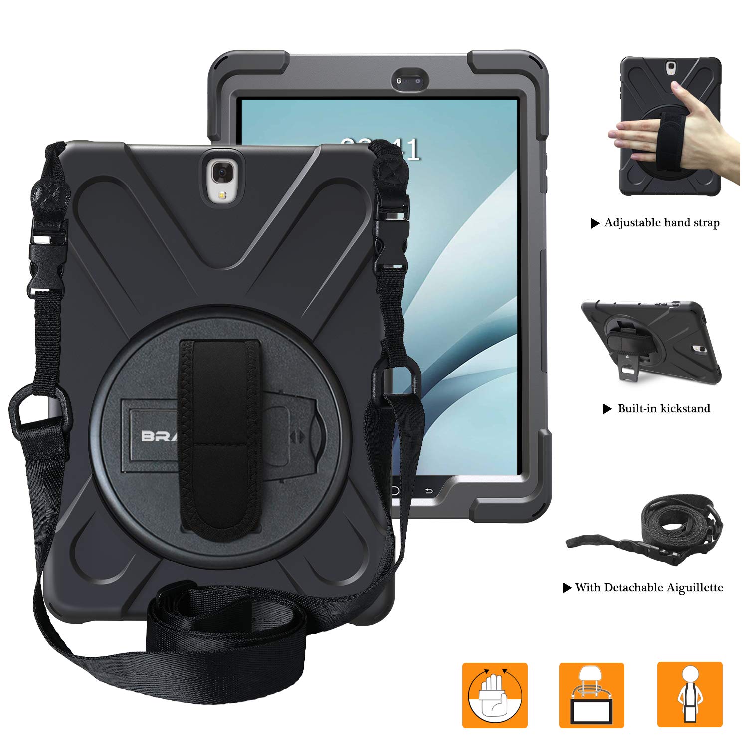 BRAECNstock for Samsung Galaxy Tab S3 Case 9.7 inch 2017 (SM-T820/T825/T827) Rugged Shockproof Protective Cover with Rotating Stand+Hand Strap Shoulder Strap Samsung SM-T820 Tablet Kids Case - Black