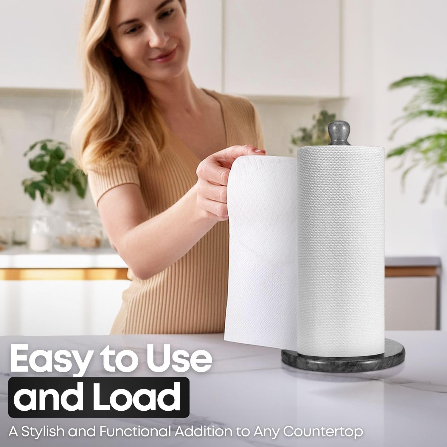 Flexzion Marble Paper Towel Holder 12 inch (Black) - Kitchen Countertop Paper Towel Holder Stand Rack with Roll Dispenser Pole and Weighted Marble Base for Tables Home Dining Bathroom Storage