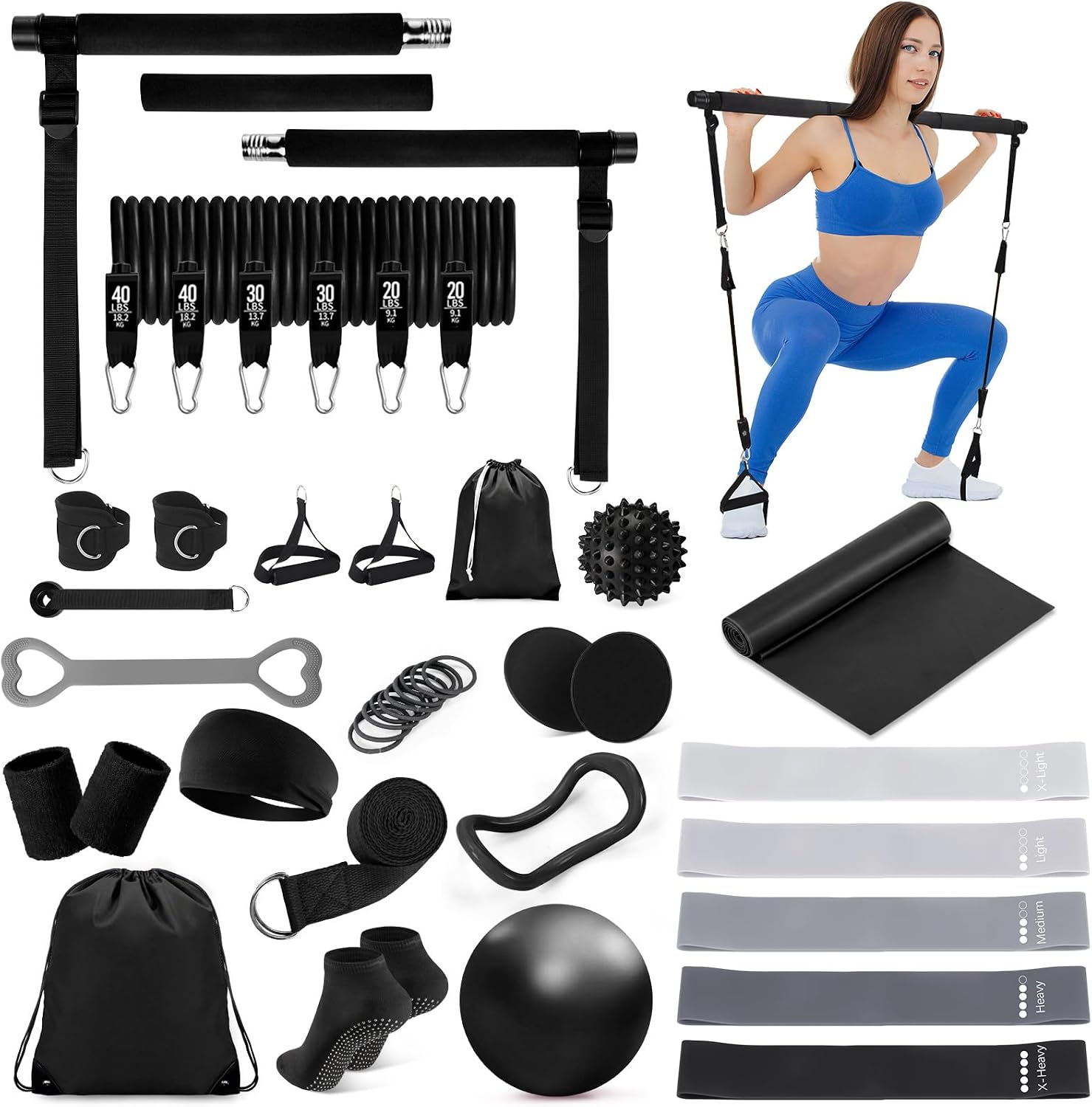 Pilates Bar Kit with Resistance Bands Multifunctional Pilates Bar with Metal Adjustment Buckle Portable Storage Bag Yoga Essentials Kit Exercise Equipment for Home Women Gym Workout