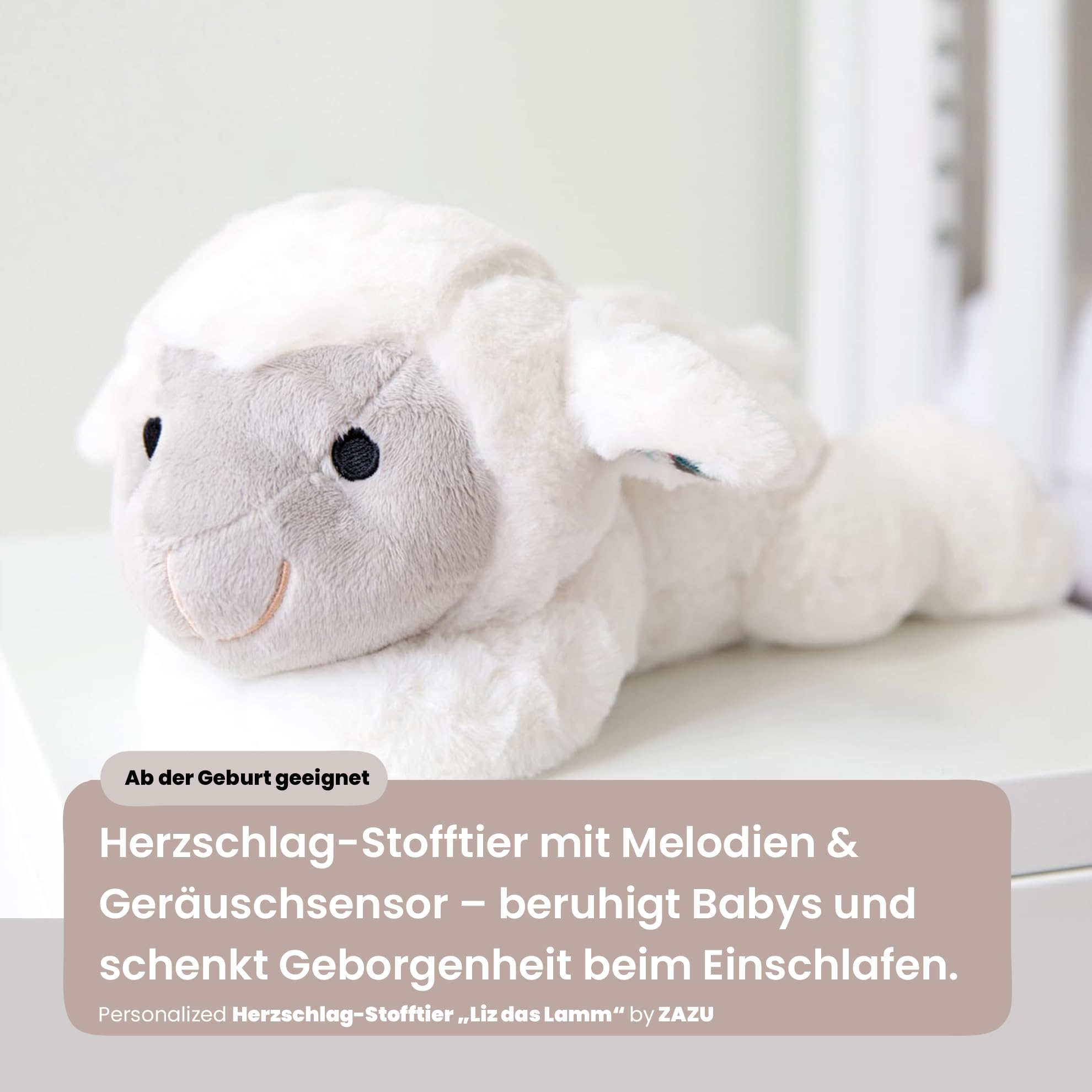 Personalizable Peluche con latido del corazón “Liz la Ovejita” – sonidos relajantes de latido y melodías, sensor de ruido – para bebés y niños pequeños – personalizado con nombre – ZAZU