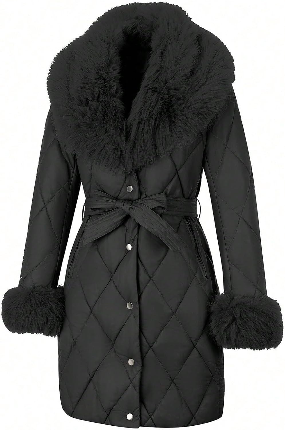 Womens Puffer Jacket Winter Thickened Plush Lining Long Warm Coat with Removable Fur Collar and Belt Outerwear