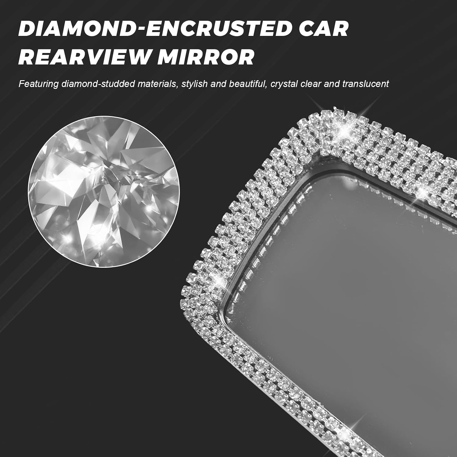 Bling Car Rear View Mirror, Clip-On Auto Rearview Mirror Stylish Decoration with Crystal Diamonds, Panoramic HD Glass Vehicle Interior Rear View Mirrors for Women Girls (Silver) image 3