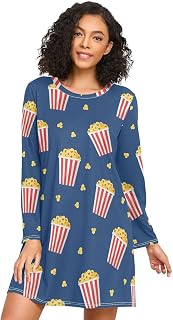 Movie Popcorn Blue Nightgowns for Women Long Sleeves Sleepwear Soft House Dress Size S-XXXL
