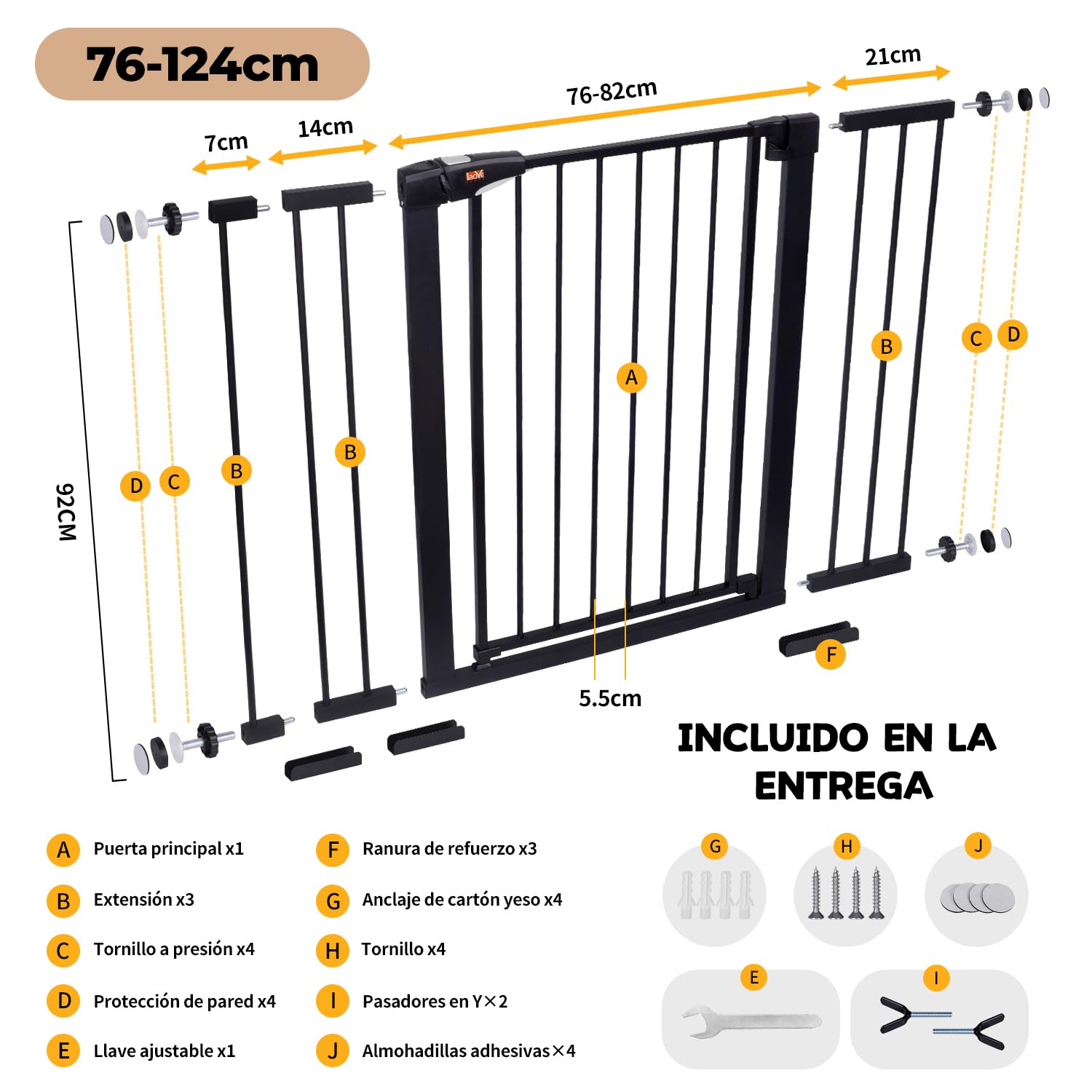 LAOYE Puerta de seguridad de 92cm altura sin taladrar, barrera para puertas 75–124cm con 3 extensiones, barrera para bebés y mascotas con cierre automático parada a 90°, para niños, perros gatos–Negro