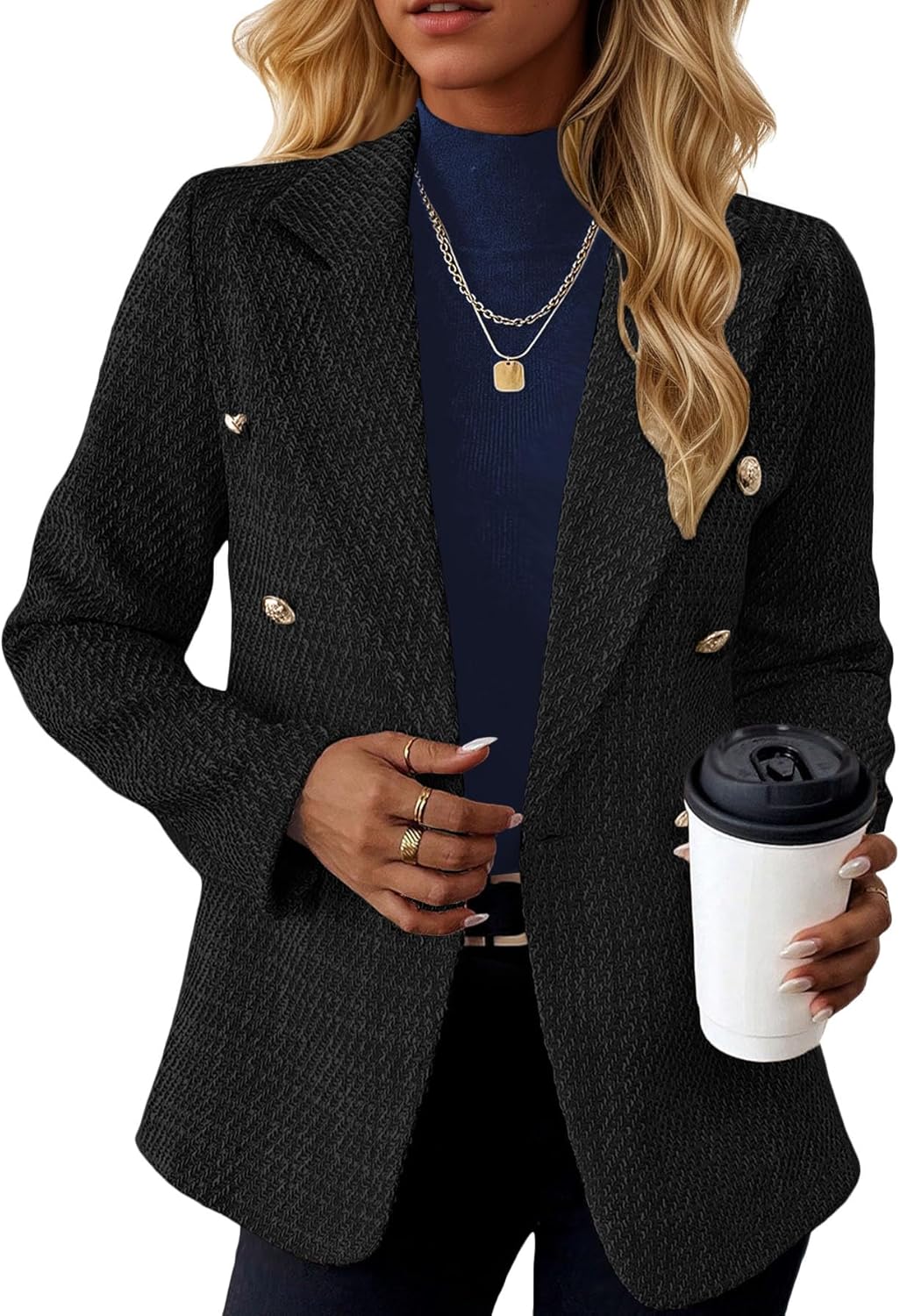 Mina Self 2026 Spring Women's Tweed Blazer Jacket - Double-Breasted Fully-Lined Fashion Warm Casual Work Office Pocket