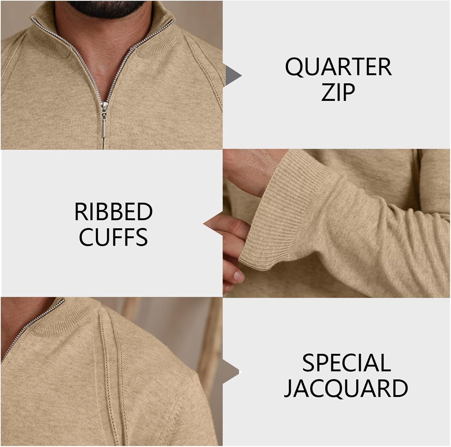 Mens Fashion Knit Pullover Sweater Quarter Zip Long Sleeve Mock Neck Ribbed Sweater - Image 6
