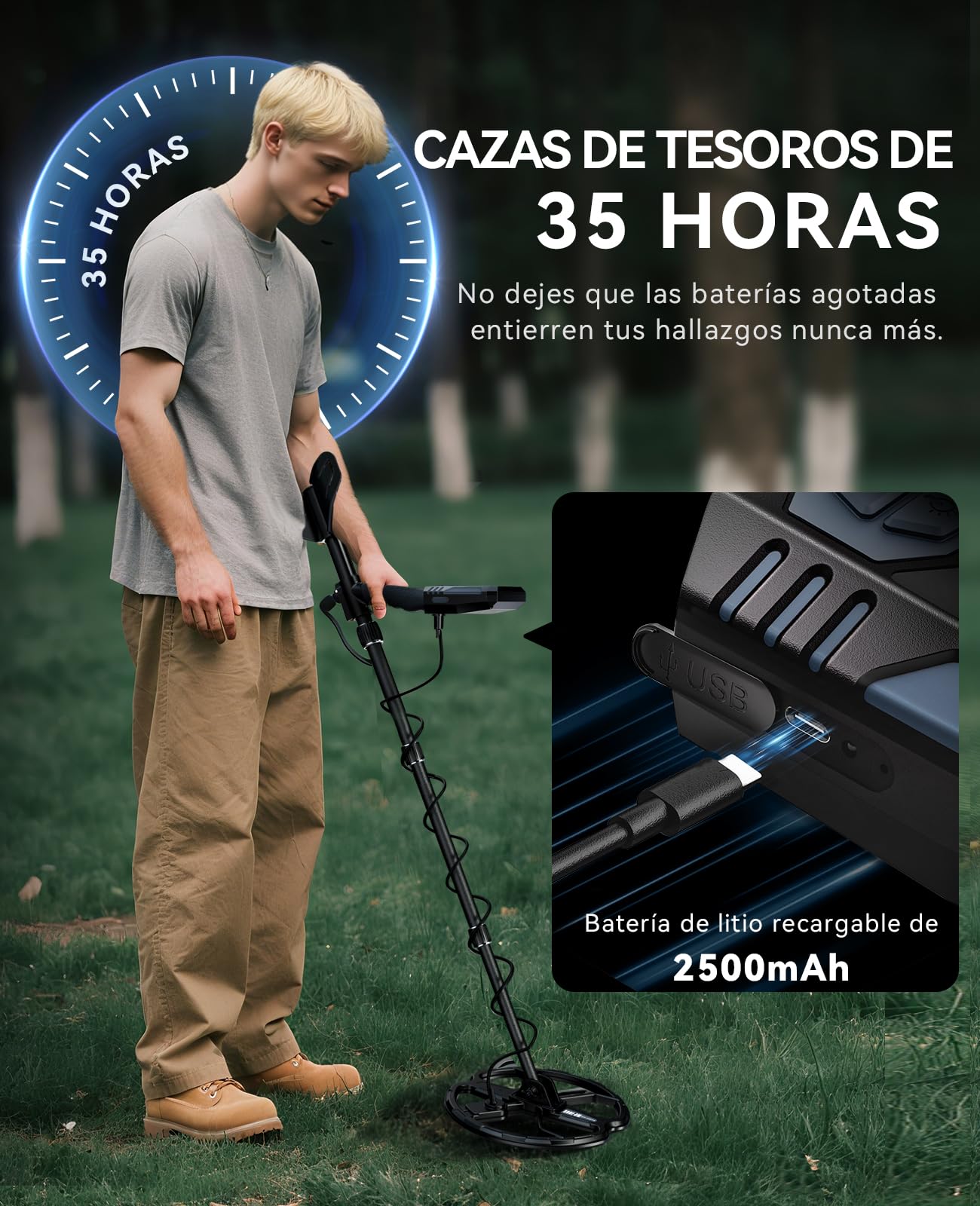 SUNPOW Detector de Metales Recargable - Bobina D Doble de 11 Pulgadas | Batería de Litio de 35h, 10 Niveles de Sensibilidad, 4 Modos de Búsqueda, 7 IDs de Metales, con Pala, Mochila y Audífonos