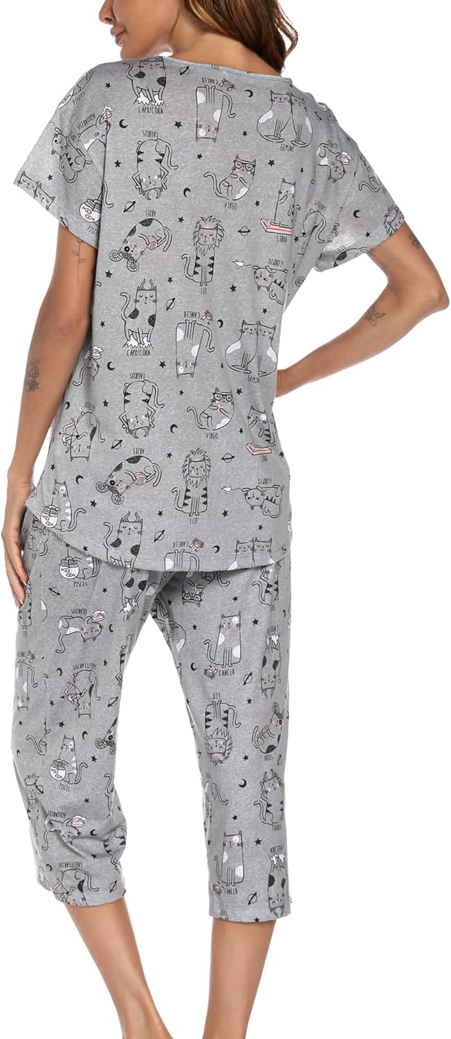 ENJOYNIGHT Womens Pajama Sets Cotton Pj Set Short Sleeve Top With Capri Pants Sleepwear 2 Piece Lounge Set - Image 5