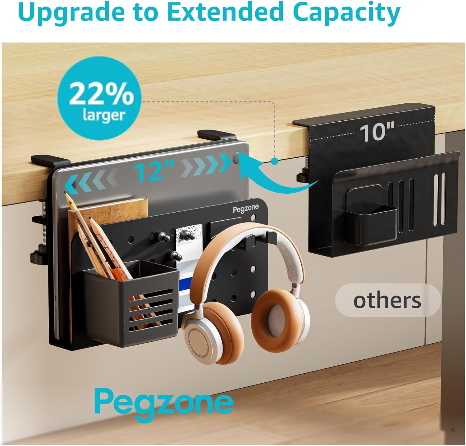 PEGZONE Desk Side Storage Organizer, No Drill Under Desk Laptop Holder, Clamp on Desks Shelf with Pegboard Accessories, Hanging Laptop Mount, Fits Flat Edge 0.4" to 2.2", Black