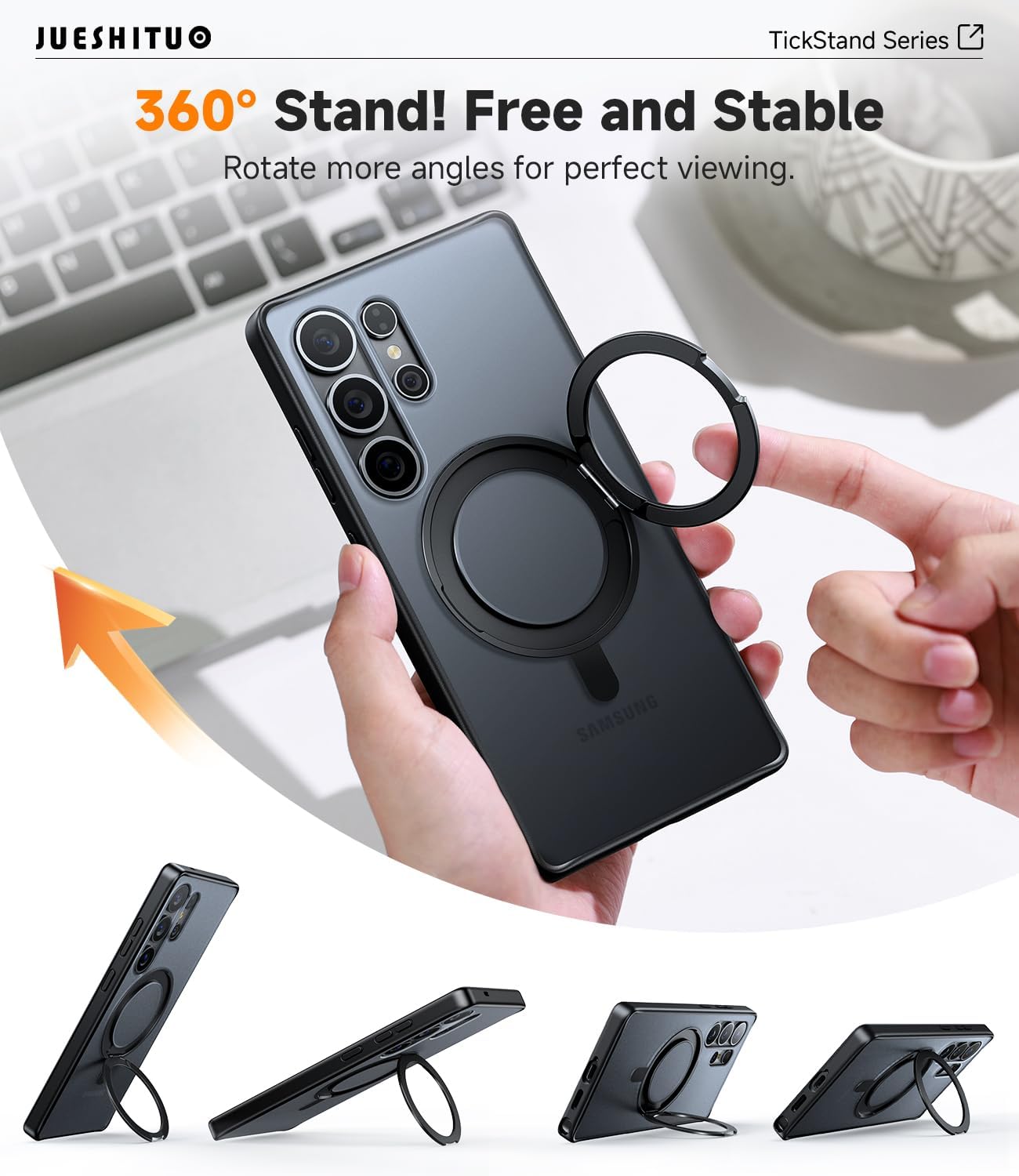 JUESHITUO 3 in 1 for Samsung Galaxy S25 Ultra Case, [Non-Yellowing] 360° Rotatable Magnetic Ring Stand with [1X Screen Protector] S25 Ultra Phone Cover, Black - Image 3