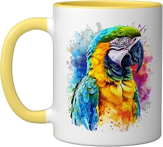 Colorful Parrot Watercolor Ceramic Mug, Yellow/White