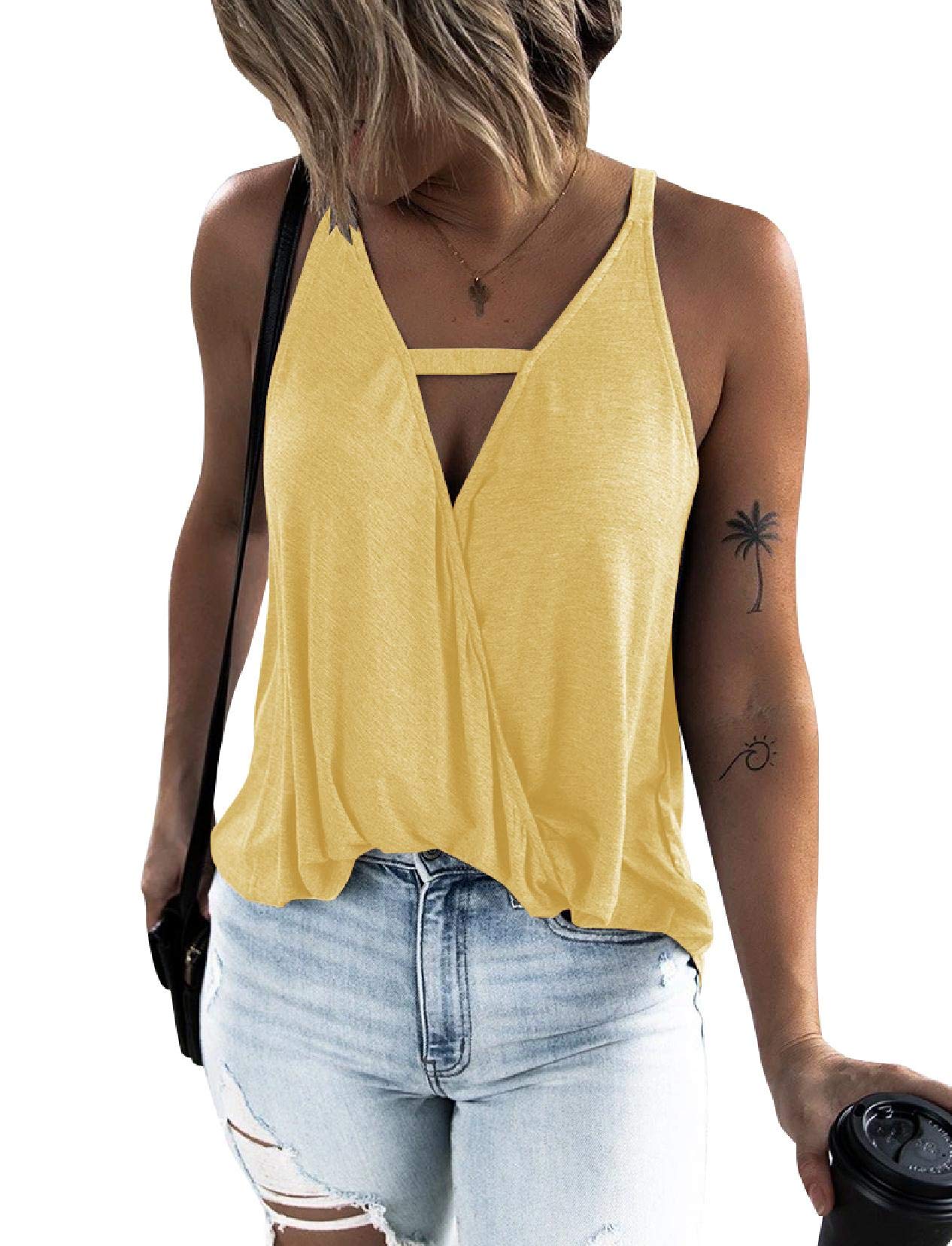 Hilltichu Women's Choker V-Neck Wrap Tank Tops
