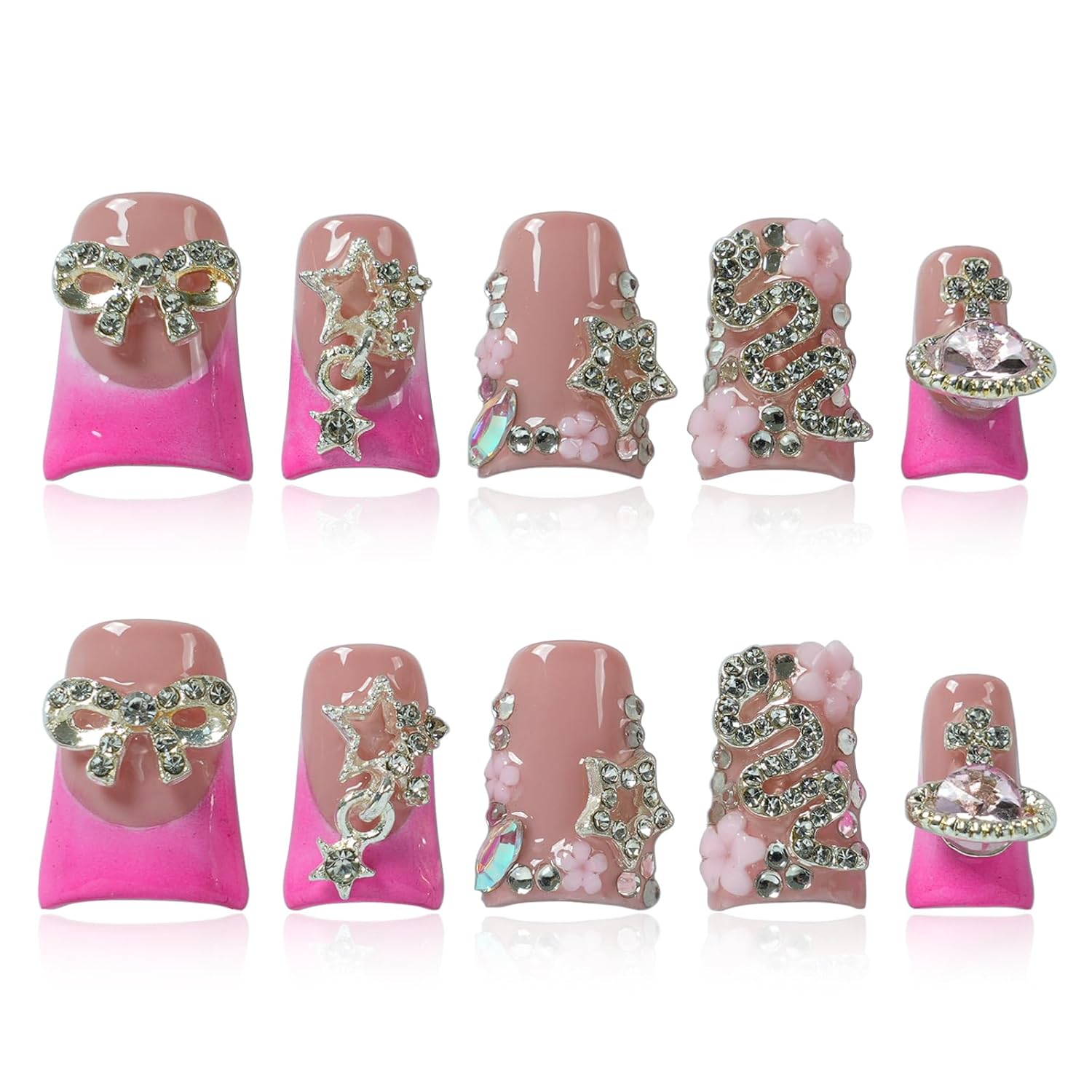 Y2K Press on Nails Short Duck Hot Pink French 3D Rhinestone, M