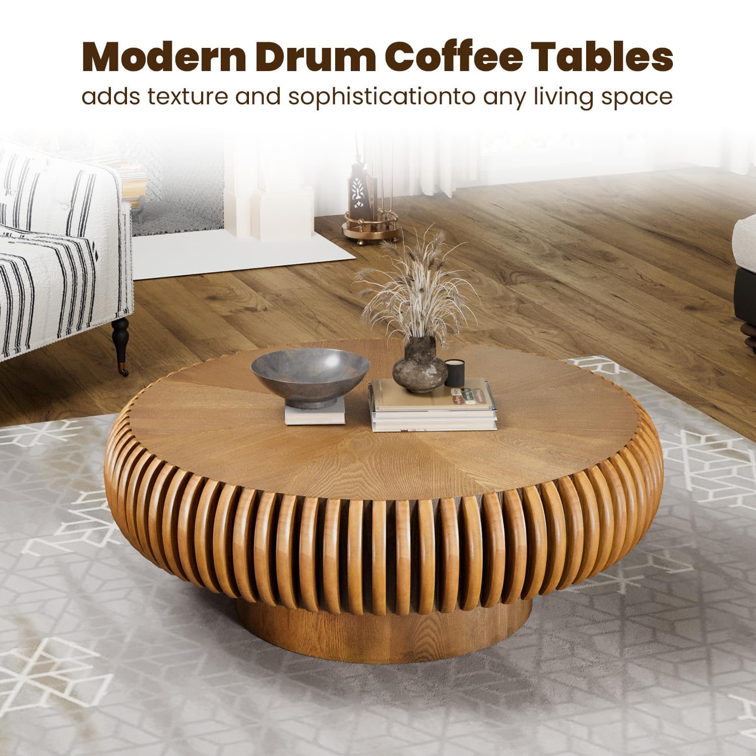 WXFKLDJ Mesa De Centro De Tambor De 80Cm, 31.5" Round Brown | Moderna Y Única, Con Diseño Acanalado, Redonda Y Contemporánea De Madera, Ideal Para Sala De Estar, En Nogal