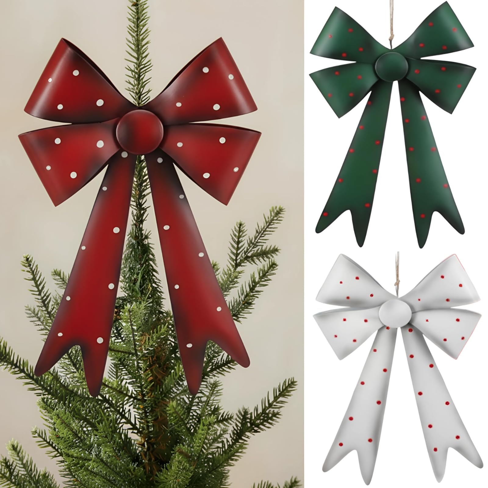 Lot de 3 nœuds de Noël en métal à grands pois - Décoration de sapin de Noël rouge, vert et blanc - Décoration pour guirlande, couronne d'intérieur et d'extérieur