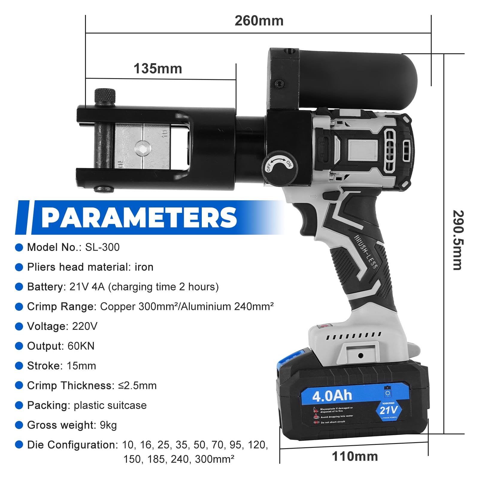 MXBAOHENG 10-300 MM² Pinza crimpatrice idraulica ricaricabile da 60 KN con 2 batterias 21 V 4 A Pinza per capicorda idraulica elettrica con 12 inserti di pressione per contatti in rame e alluminio