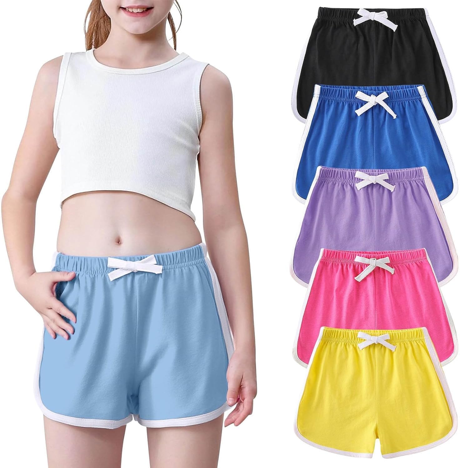5 Pack Girls Athletic Shorts Kids Soccer Basketball Volleyball Sports Shorts Drawstring Gym Workout Cotton SweatShorts