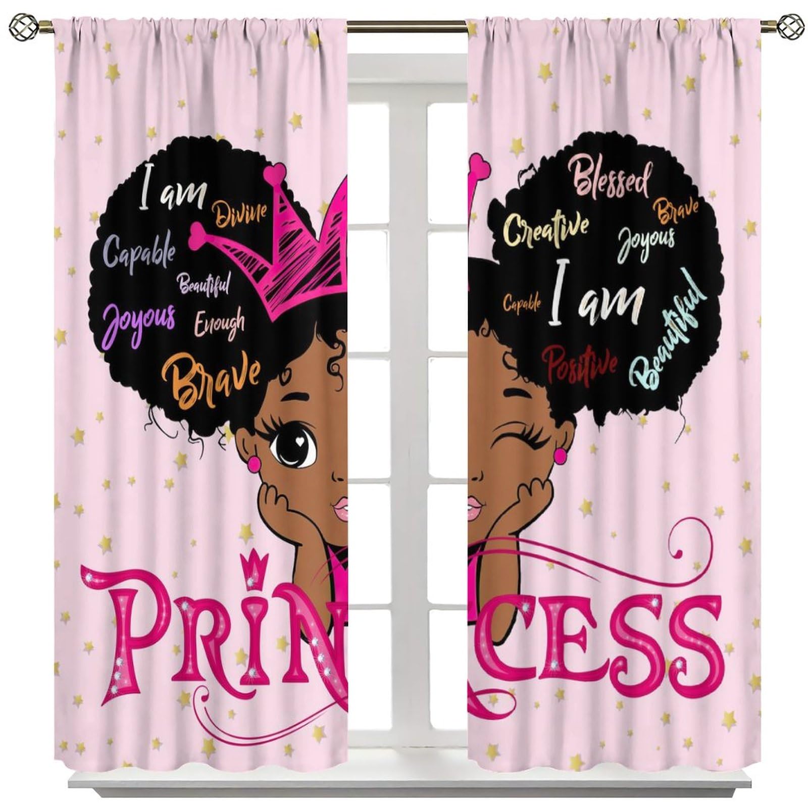 YCness African American Kids Curtains,Afro Black Girl Window Treatments for Bedroom Cute Girl Big Hair Pink Curtains 2 Panel Sets,42x45 Inch - Image 3