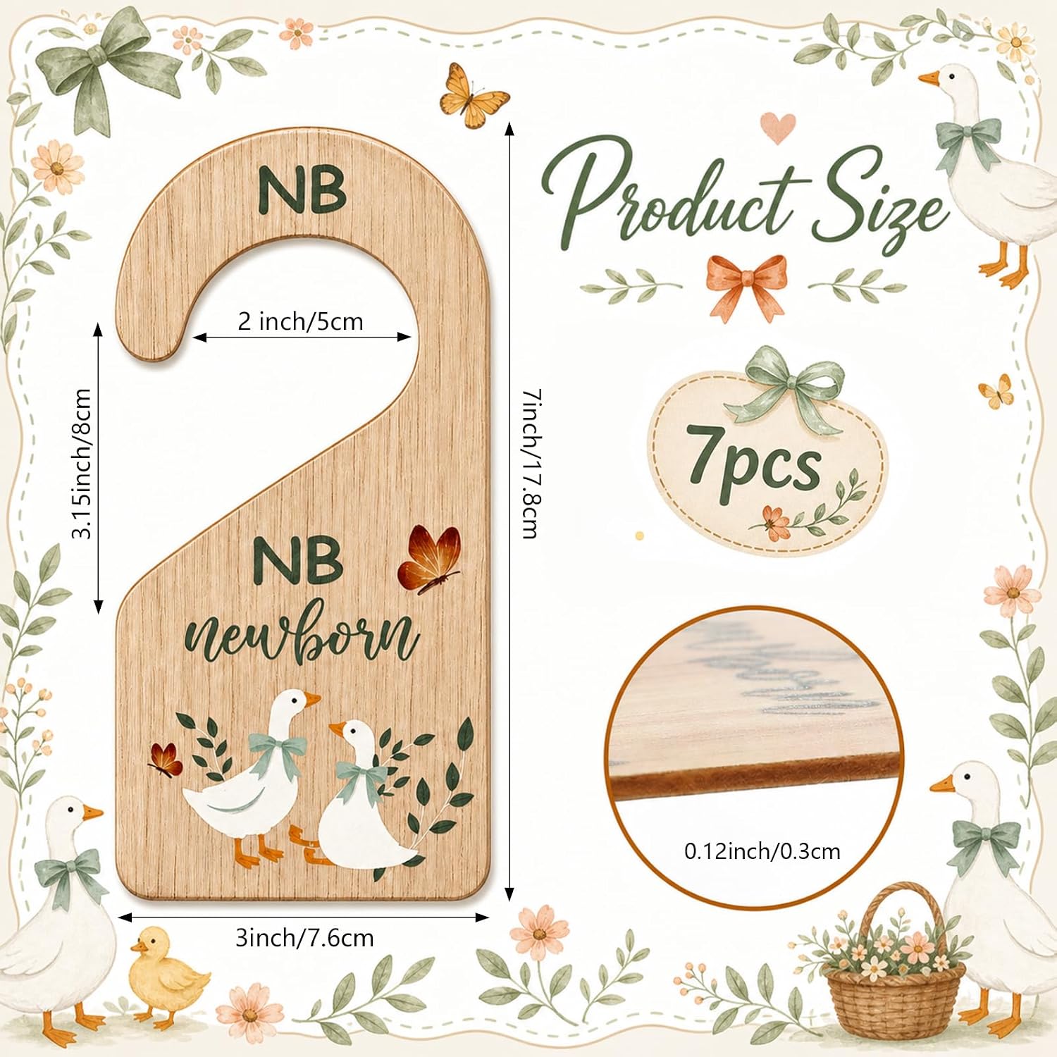 RattanView 7 Pcs Retro Goose Baby Closet Dividers for Clothes Organizer Double Sided Wooden Nursery Closet Dividers for Baby Boy Girl Newborn to 24 Months Home Nursery Supplies