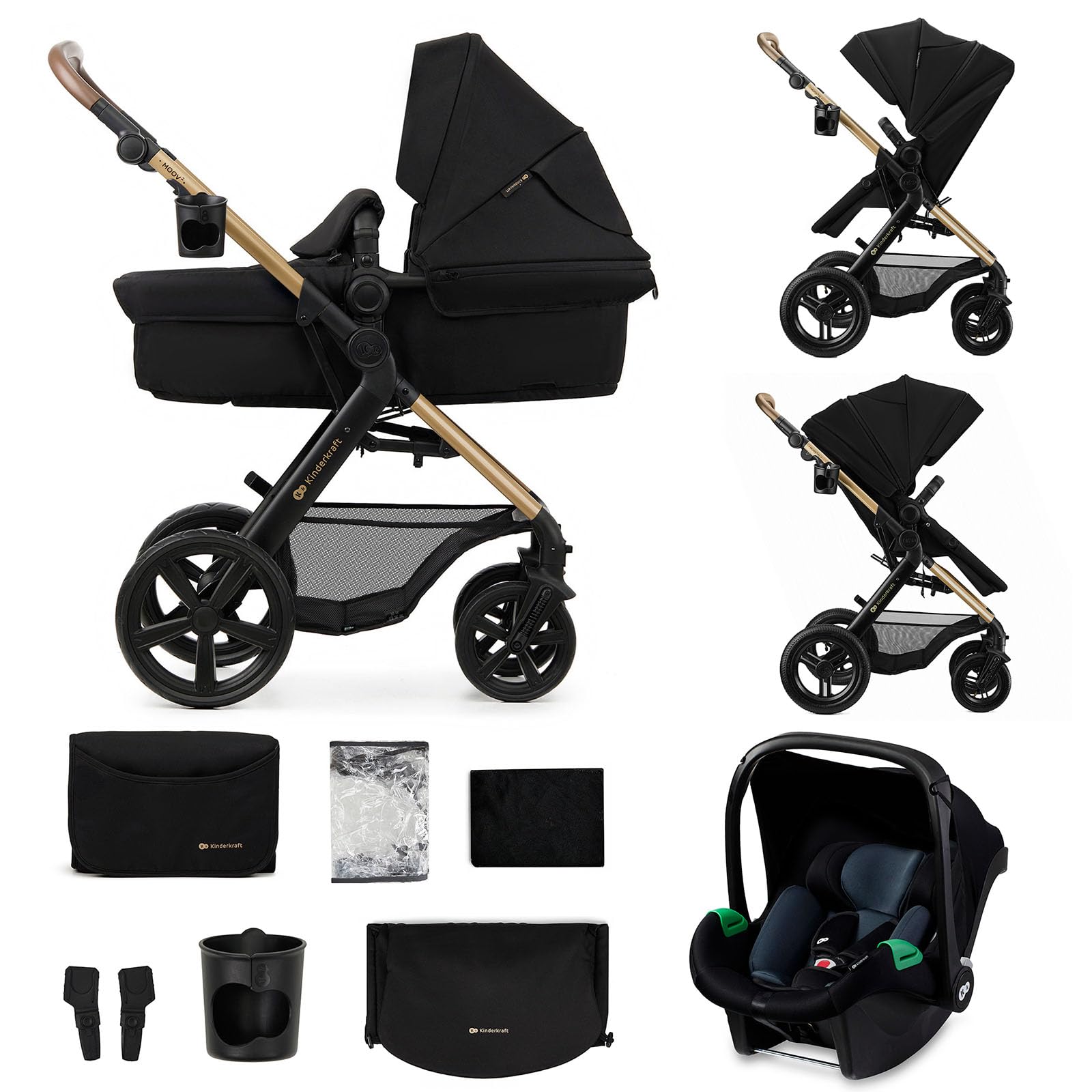 Kinderkraft MOOV XL 3 en 1, Poussette jusqu'à 27 kg, Landau, Avec siège I-SIZE 40-75 cm, Pliable, Absorption des chocs, Convertible, Nacelle XL, Avec accessoires, Noir