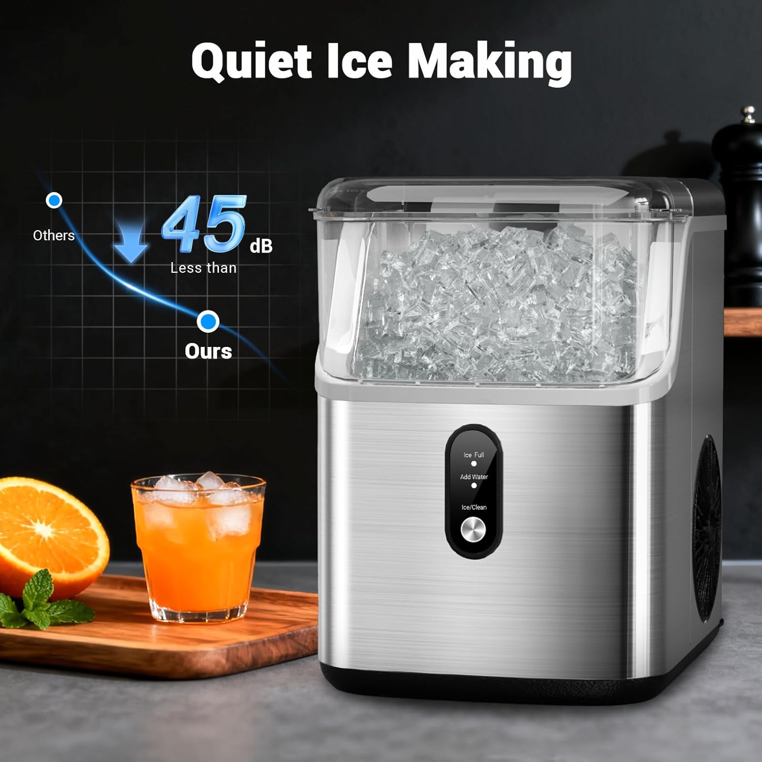 Nugget Ice Maker Countertop, 40lbs/Day Stainless Steel Small Soft Chewable Pebble Ice Machine, Pellet Ice Crunchy Nuggets, Quiet Mini Chewy Ice Maker Self Cleaning for Home Kitchen Office