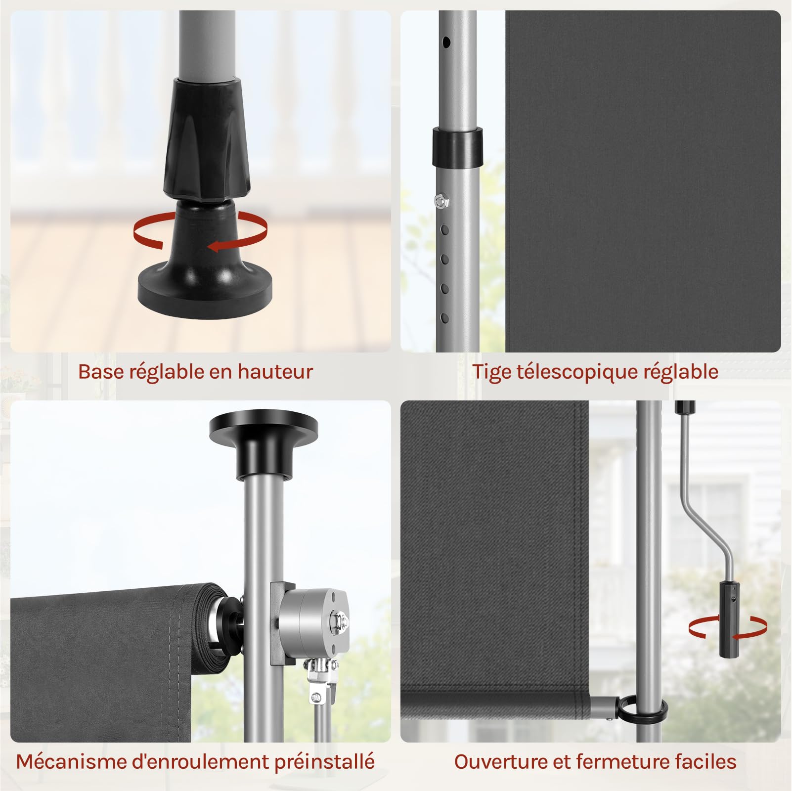 WOLTU Store Vertical Rétractable avec Manivelle, 200x310 cm, Brise-Vue Vertical Balcon, en Tissu Opaque, Protection Solaire, Résistant aux Intempéries, Montage sans Perçage, en Gris