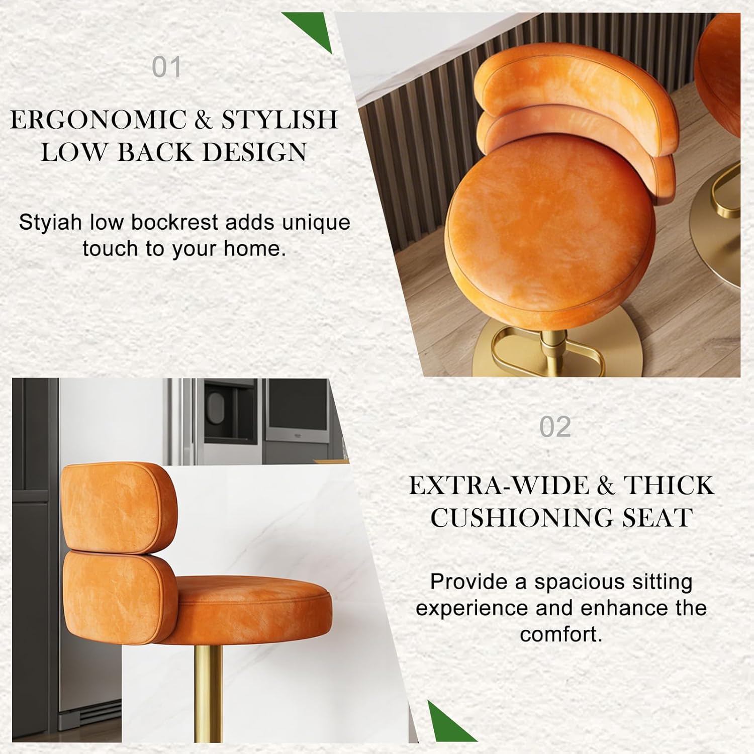 Modern Swivel Counter Stool Adjustable High Chair with Back, Velvet Seat, Gold Metal Base for Kitchen & Dining (GD-100-Orange)