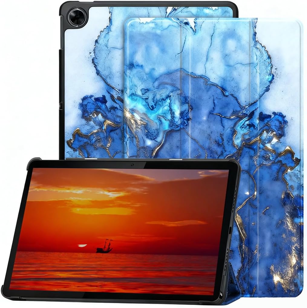 Smart Trifold Stand Case forTabletHDFlre 10 & 10 Plus Tablet (13th Generation, 2023) with Soft TPU Back and Auto Wake/Sleep Also for 10in Sony Nokia Samsung-Marble Blue