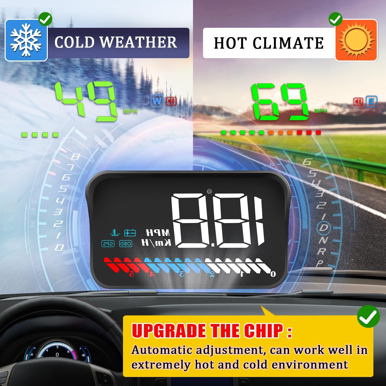 Wyświetlacz HUD samochodowy OBD2 i HUD Wyświetlacz podwójny GPS, prędkościomierz samochodu Tachometer temperatury wody Alarm bezpieczeństwa silnika dotyczący wszystkich pojazdów